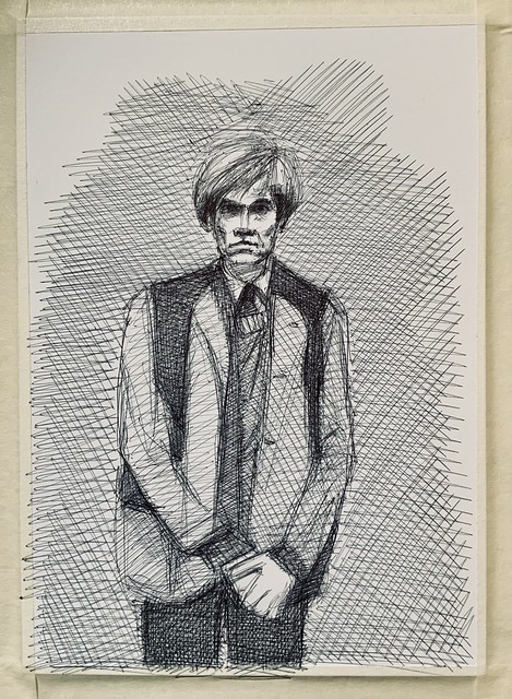 Andy Warhol, 1928-1987. American Artist, Film Director, and Producer. Ballpoint pen only drawing by jmsw on card.