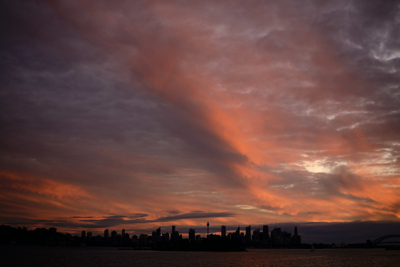 Sydney City silhouette after sunset, from Milk Beach