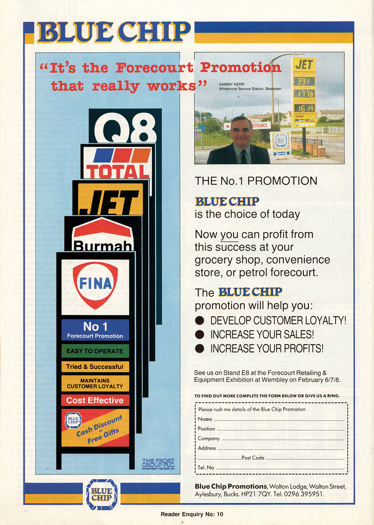 Blue Chip trading stamps advertisement in Forecourt Trader magazine, February 1990