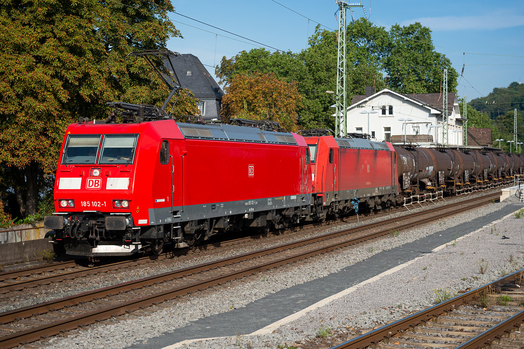 Double traction … two Deutsche Bahn BR185 with a fuel train seen in Linz, Germany