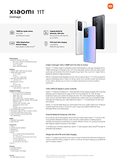 Specifications and features of the Xiaomi 11T smartphone. Click to enlarge.