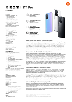 Specifications and features of the Xiaomi 11T Pro smartphone. Click to enlarge.