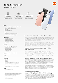Specifications and features of the Xiaomi 11 Lite 5G NE smartphone. Click to enlarge.