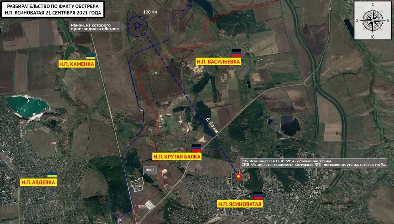 Map showing the Ukrainian army's shelling of Yasinovataya