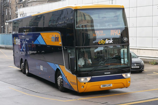 Stagecoach East of Scotland Van Hool TDX27 Astromega OW14LKC 50263, in Citylink 6 Cities livery, operating Citylink service M90 to Perth departing Edinburgh Bus Station on 21 September 2021.