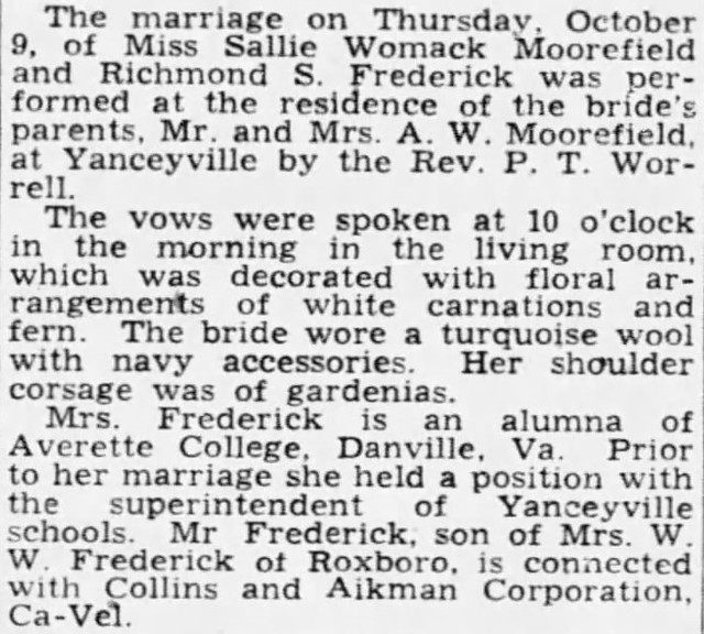 Moorefield-Frederick Wedding 09 Oct 1941