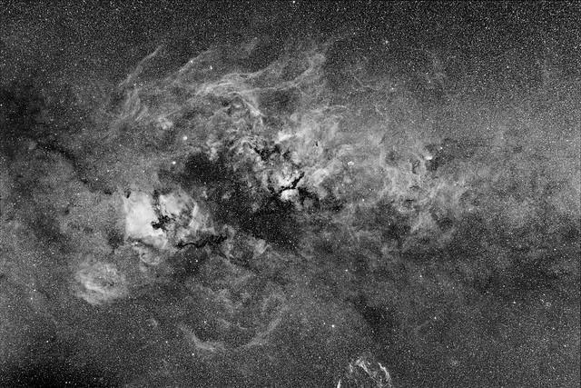 Wide field (29°x19°) image of Swan (Cyg) constellation in H alpha spectrum line (grayscale)