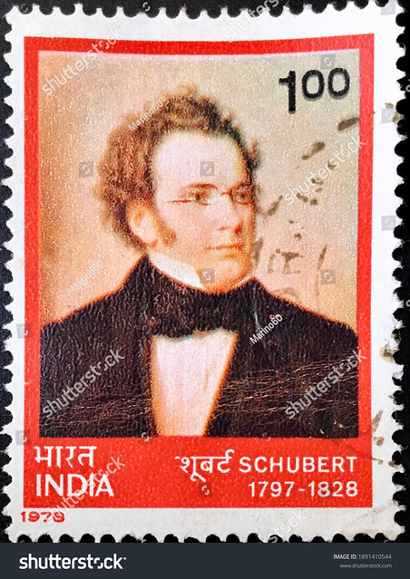 New Delhi, circa 1978: Indian used postage stamp issued for the 150th Death Anniversary of Franz Schubert (1797-1828).