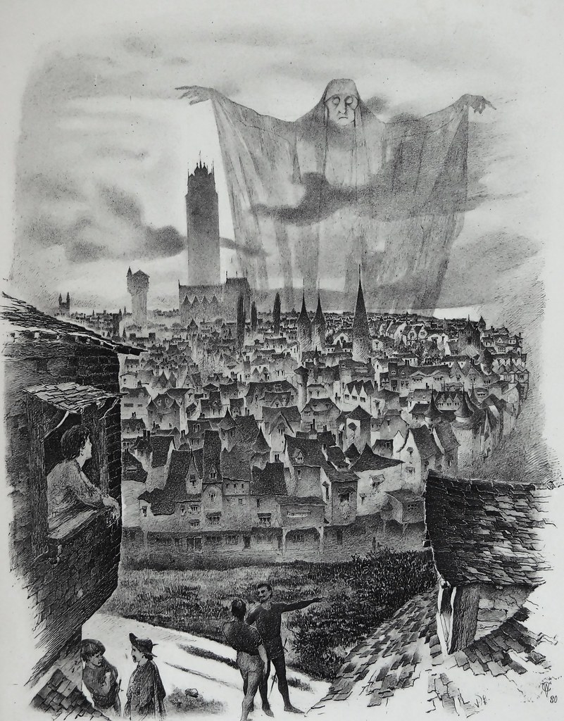 W.V. Cockburn - Illustration for "In the sky she saw a vast shadowy figure." by Bram Stoker, 1882 from “Under the Sunset” by Bram Stoker, 1882