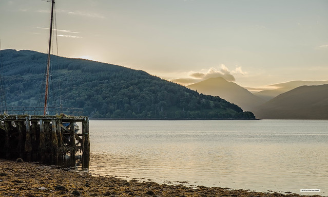 Strone Point and Loch Fyne from Inveraray Harbour, Argyll, Scotland, in early morning light.