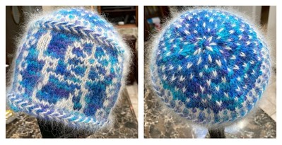 Debbie (@love.knit.spin.weave) finished this Spinning Wheel Hat designed by Sand and Sky Creations (not on Ravelry)