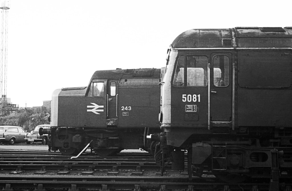 Class 40 243 40043 Class 24 5081 24081 stand in the yard at Crewe. 31/.03/1973