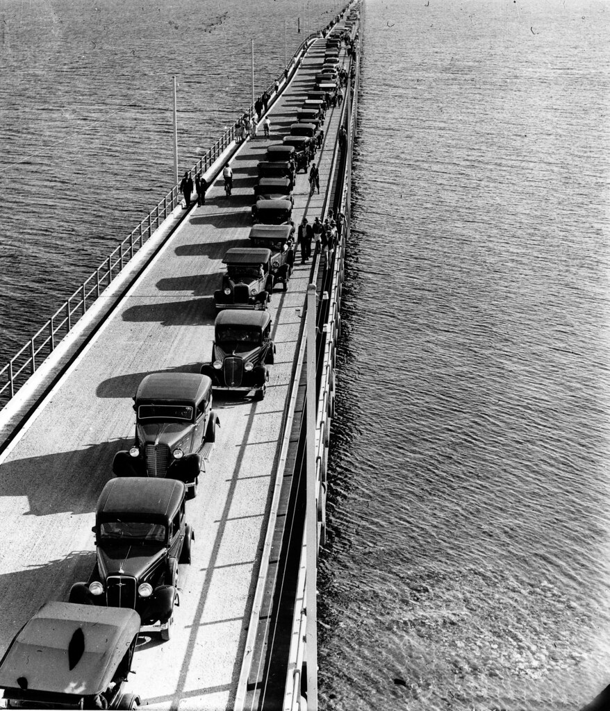 Redcliffe Bridge Aerial view of cars and pedestrians on the Hornibrook Highway Bridge ...