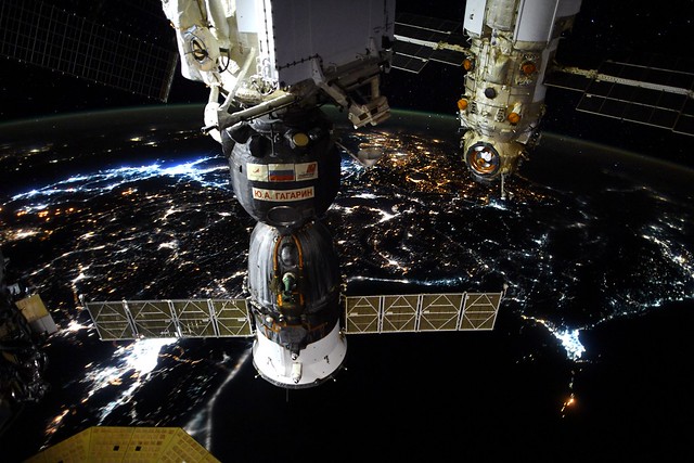 Cygnus solar panel, Soyuz Gagarin, Nauka