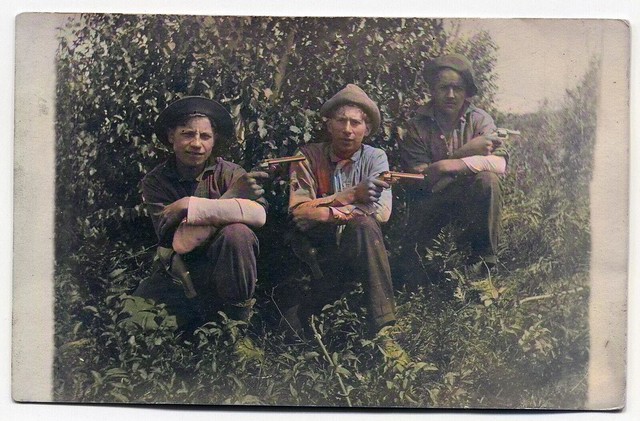 Antique Rppc Photo Of Three Men With Guns, Revolvers, Very Rugged Outdoors , colorized by Ahmet Asar, Asar Studios