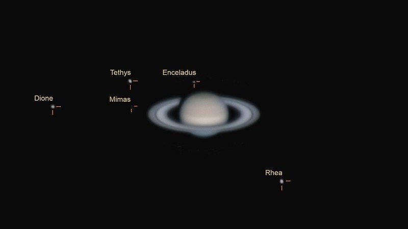 土星と衛星(ディオネ、テティス、ミマス、エンケラドゥス、レア) (2021/10/3 20:10) (マーカー入り)
