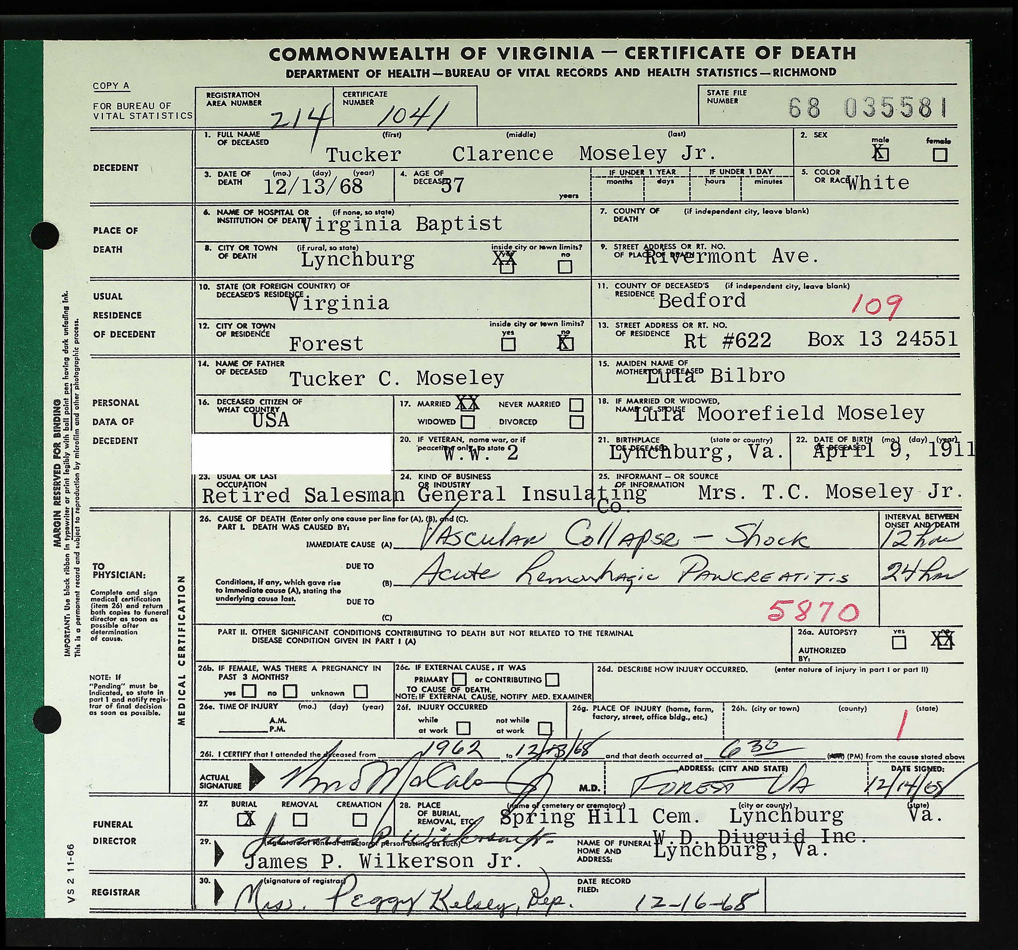 Tucker Clarence Moseley, Jr. Death Certificate