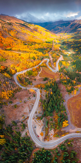 Aerial Drone Panorama! Million Dollar Highway U.S .550 Silverton to Ouray Colorado Autumn Colors Snow Stormy Moody Weather! Fall Foliage Aspens Fine Art Landscape Photography DJI Mavic 2 Pro Drone Hasselblad L1D-20c Camera 20MP 1” CMOS Sensor E. McGucken