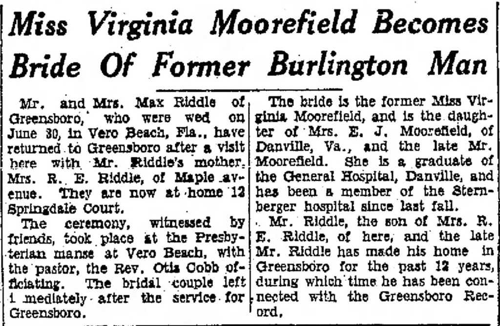 Virginia Moorefield-Max Riddle Wedding 1938
