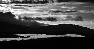 Sunrise over Locheynort South Uist, Outer Hebrides Scotland, UK B&W