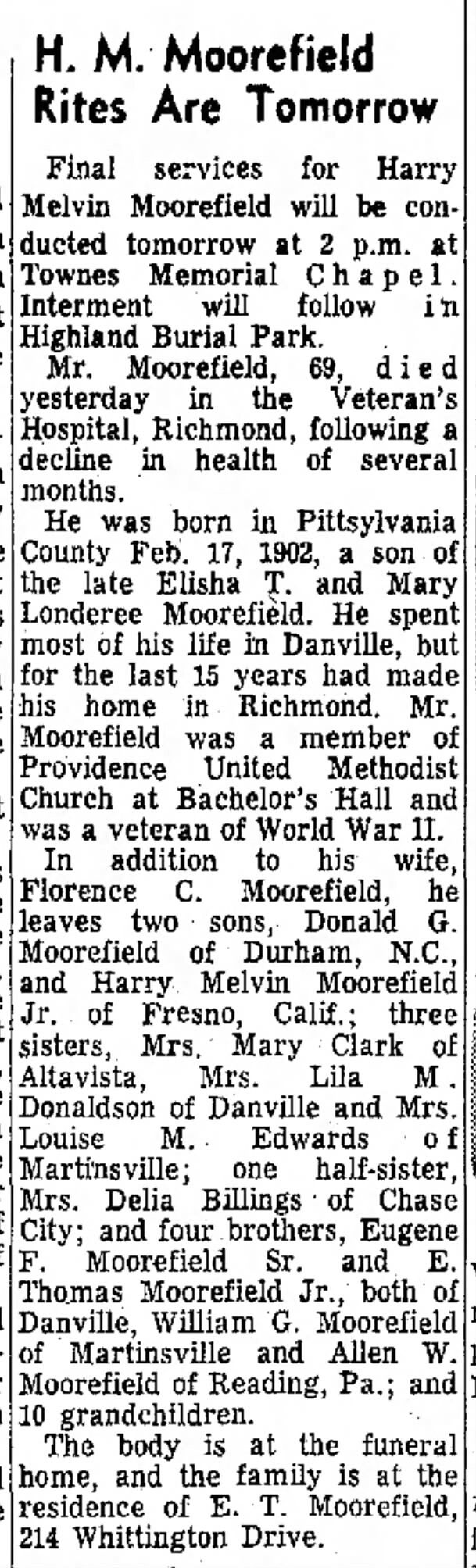 Harry Melvin Moorefield Obituary 1971