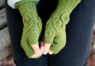 Spring Foliage by Alana Dakos are cozy fingerless mitts that feature spring foliage growing up one side and into the thumb gusset. Side shaping has been added to the curve of the wrist.