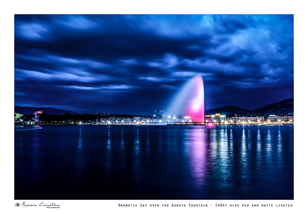 Dramatic Sky over the Geneva Fountain - 140mt high red and white lighted - NZ6_4080 (1)