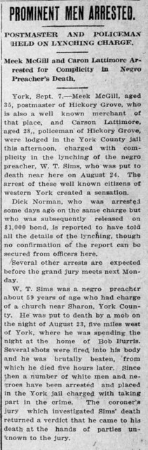 Postmaster and Policeman Arrested For the Lynching of Rev. W.T. Sims, A Black Man, in York, South Carolina - from The Item (Sumter, South Carolina), Saturday, September 8, 1917
