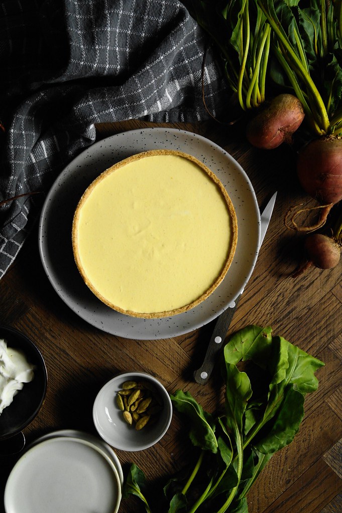 golden beet and cardamom cheesecake tart