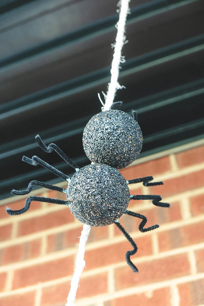 A Halloween spider decoration attached to a white painted rope. 