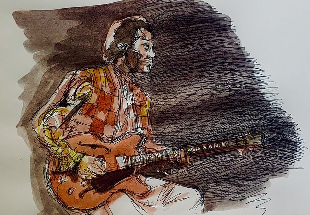 Experimental ballpoint and watercolour sketch Portrait by jmsw on card , of Chuck Berry.