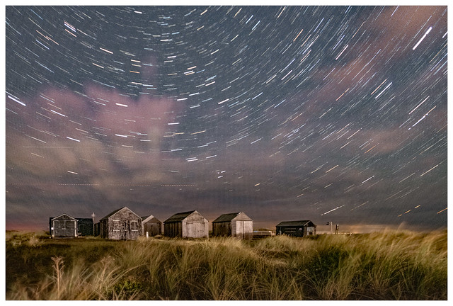 Star trails over the fishing huts
