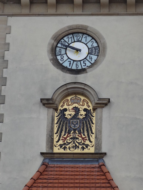 1895/96 Güstrow Uhr und Reichsadler an Kaiserlicher Reichspost in Neorenaissance von Hubert Pferdemarkt 52-56 in 18273