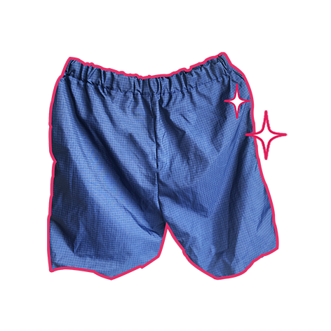 Dark blue waterproof shorts with flex elastic waistband and integrated cinch belt & pockets on the sides. Made for keeping the tights dry.