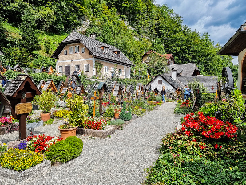 The cemetery in Hallstatt, with wooden crosses and beautiful colourful flowers decorating each grave.