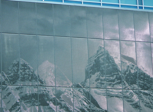 Silvery mountain mural on the new Mountain Equipment Co-op (MEC) in Vancouver