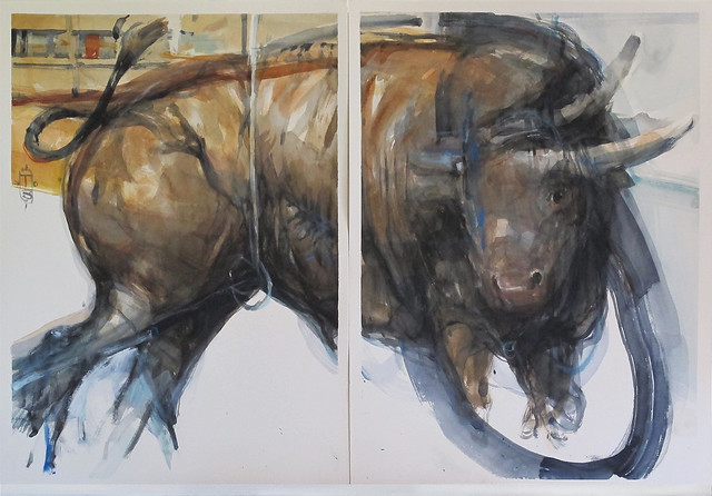 Bull in a Circle, watercolour 76 x 112 cm
