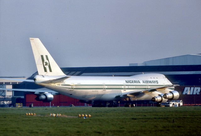 LN-AEO SAS Boeing 747-283B leased to Nigeria Airways in the maintenance area at London Heathrow