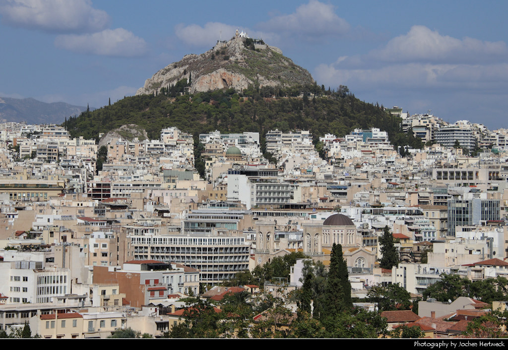 Mount Lycabettus seen from Areopagus Hill, Athens, Greece