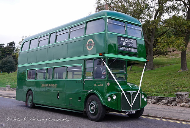Beautiful London Bus Company 1965 London Transport Green Line AEC Routemaster / Park Royal coach RCL2260, CUV 260C making a rare visit to Southend-on-Sea for a wedding charter