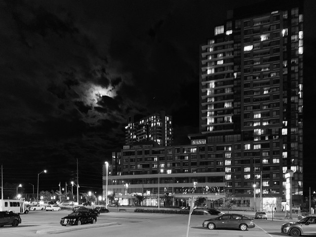Evening photographs with beautiful moon light in Downtown Ajax photograph converted to black and white , Martins photograph , Ajax , Ontario , Canada , October 16 2021