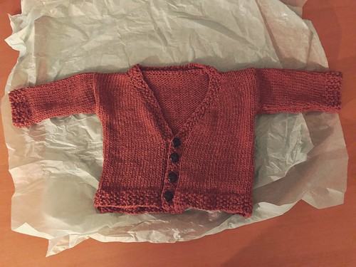 Manjit knit this sweet cardigan in a 6 month size using Berroco Elba, a beautiful worsted weight 100% cotton tape yarn.