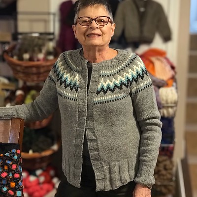 Bev knit herself the Throwback by Andrea Mowry using Navia Sock.