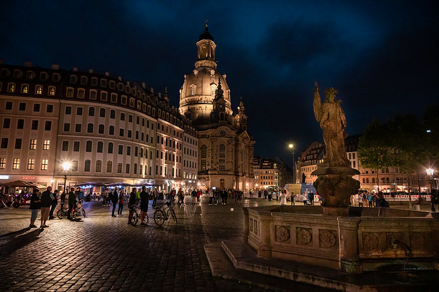 Dresden's lively Neumarkt place with the protestant church Frauenkirche.
