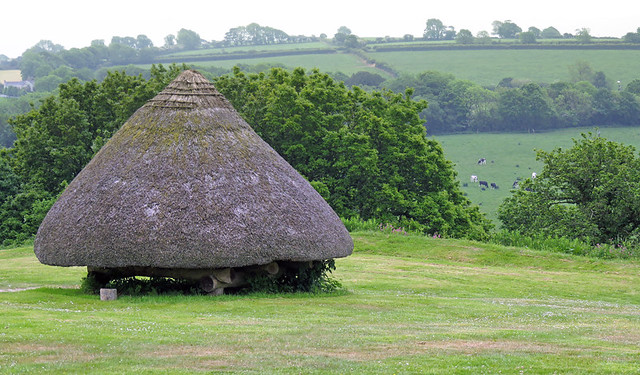Thatched roof on a hut in the recreated village called Henllys Iron Age Fort in the area inhabited by Celtic tribespeople over 2000 years ago in Wales