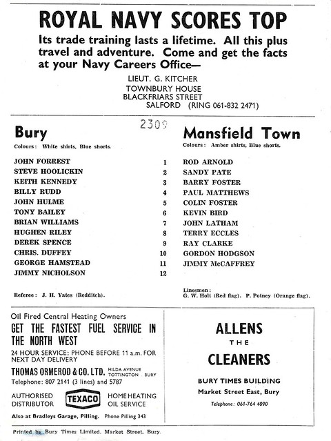 Bury vs Mansfield Town - 1975 - Back Cover Page