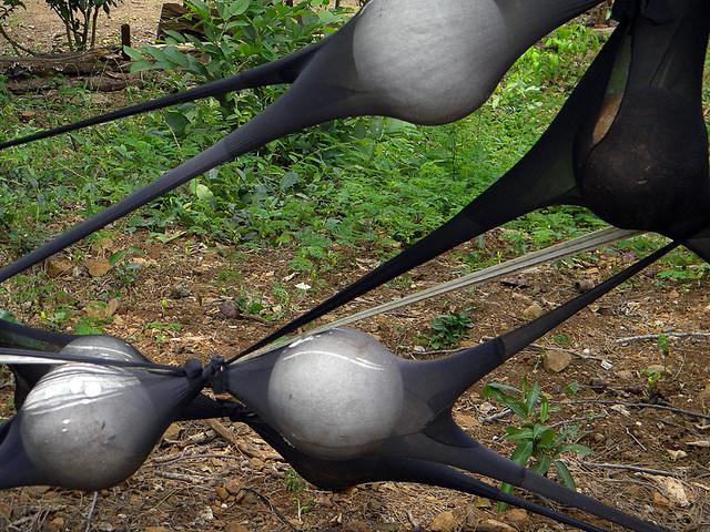 Sculpture of styrofoam balls tied up in black pantyhose in Islita, an artist's town in Costa Rica