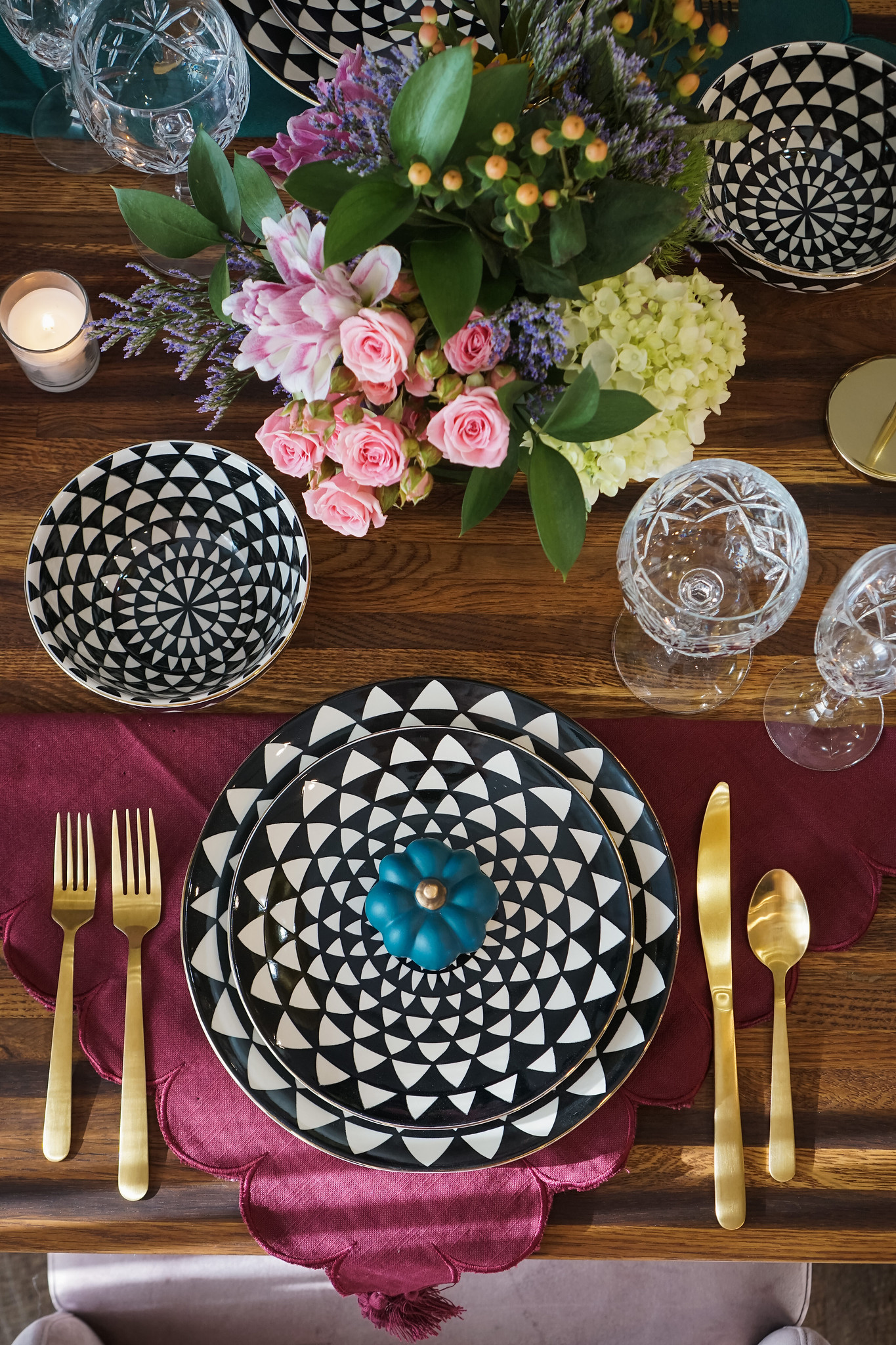 Fall Tablescapes featuring Fall Flowers, Gold Accents, Black & White Geometric Dishes | Fall Decor | Affordable Decor Ideas | Fall Table Centerpiece | Jewel Toned Table Setting