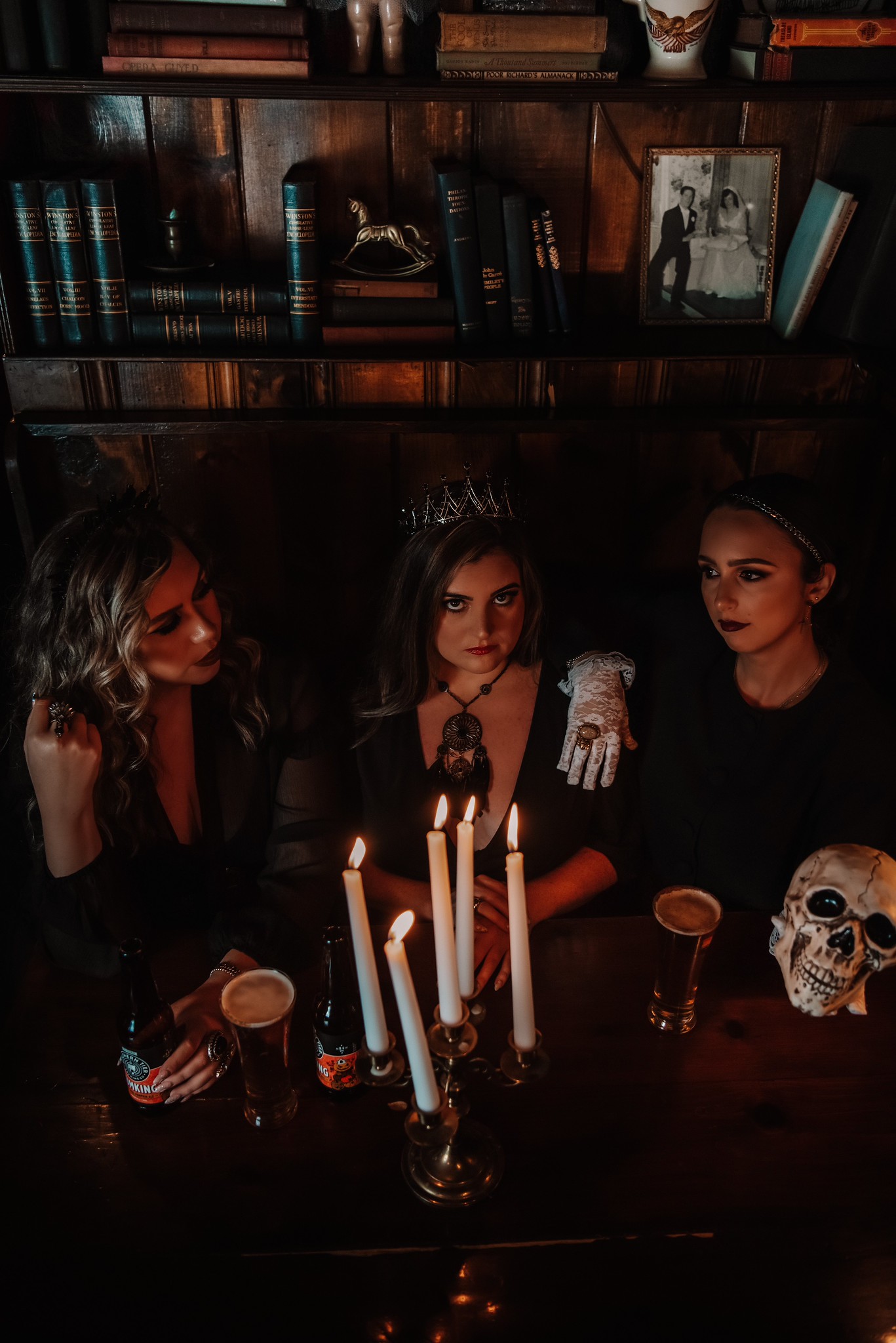women in black and haunted bar photoshoot