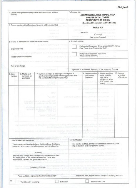 Mẫu giấy chứng nhận xuất xứ C/O form AK